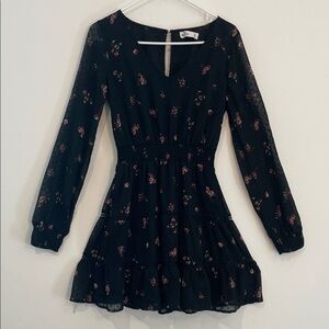 Hollister Black Floral Long with sheer Sleeves Dress size S